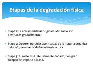 Etapa 1: Las características originales del suelo son
destruidas gradualmente.

Etapa 2: Ocurren pérdidas acentuadas de la materia orgánica
del suelo, con fuerte daño de la estructura.

Etapa 3: El suelo está intensamente dañado, con gran
colapso del espacio poroso.
 