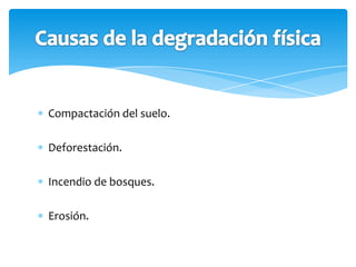 Compactación del suelo.

Deforestación.

Incendio de bosques.

Erosión.
 