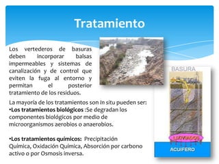 Tratamiento
Los vertederos de basuras
deben      incorporar     balsas
impermeables y sistemas de
canalización y de control que
eviten la fuga al entorno y
permitan       el      posterior
tratamiento de los residuos.
La mayoría de los tratamientos son In situ pueden ser:
•Los tratamientos biológicos :Se degradan los
componentes biológicos por medio de
microorganismos aerobios o anaerobios.

•Los tratamientos químicos: Precipitación
Química, Oxidación Química, Absorción por carbono
activo o por Osmosis inversa.
 