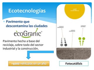 Ecotecnologías
  Pavimento que
  descontamina las ciudades



Pavimento hecho a base del
reciclaje, sobre todo del sector
industrial y la construcción.



                                   Fotocatálisis
 