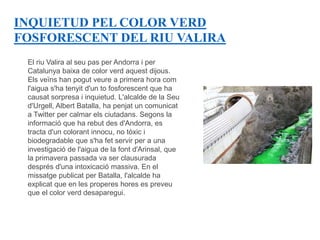 INQUIETUD PEL COLOR VERD
FOSFORESCENT DEL RIU VALIRA
El riu Valira al seu pas per Andorra i per
Catalunya baixa de color verd aquest dijous.
Els veïns han pogut veure a primera hora com
l'aigua s'ha tenyit d'un to fosforescent que ha
causat sorpresa i inquietud. L'alcalde de la Seu
d'Urgell, Albert Batalla, ha penjat un comunicat
a Twitter per calmar els ciutadans. Segons la
informació que ha rebut des d'Andorra, es
tracta d'un colorant innocu, no tòxic i
biodegradable que s'ha fet servir per a una
investigació de l'aigua de la font d'Arinsal, que
la primavera passada va ser clausurada
després d'una intoxicació massiva. En el
missatge publicat per Batalla, l'alcalde ha
explicat que en les properes hores es preveu
que el color verd desaparegui.
 