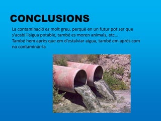 CONCLUSIONS
La contaminació es molt greu, perquè en un futur pot ser que
s'acabi l’aigua potable, també es moren animals, etc...
També hem après que em d’estalviar aigua, també em après com
no contaminar-la
 