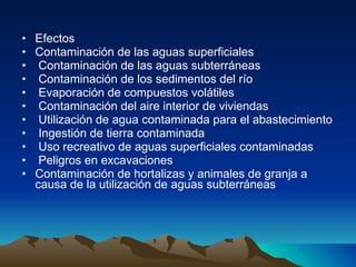 Efectos Contaminación de las aguas superficiales  Contaminación de las aguas subterráneas  Contaminación de los sedimentos del río  Evaporación de compuestos volátiles  Contaminación del aire interior de viviendas  Utilización de agua contaminada para el abastecimiento  Ingestión de tierra contaminada  Uso recreativo de aguas superficiales contaminadas  Peligros en excavaciones  Contaminación de hortalizas y animales de granja a causa de la utilización de aguas subterráneas 