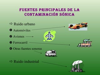 Fuentes principales de la contaminación sónica Ruido urbano Automóviles    Aviones    Ferrocarril    Otras fuentes sonoras    Ruido industrial 