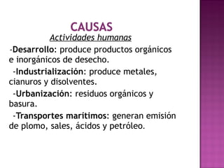 Actividades humanas - Desarrollo : produce productos orgánicos e inorgánicos de desecho. - Industrialización : produce metales, cianuros y disolventes. - Urbanización : residuos orgánicos y basura. - Transportes marítimos : generan emisión de plomo, sales, ácidos y petróleo . 