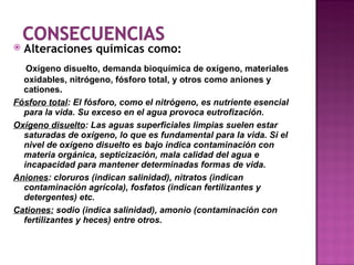 Alteraciones químicas como:   Oxígeno disuelto, demanda bioquímica de oxígeno, materiales oxidables, nitrógeno, fósforo total, y otros como aniones y cationes. Fósforo total :  El fósforo, como el nitrógeno, es nutriente esencial para la vida. Su exceso en el agua provoca eutrofización.   Oxígeno disuelto : L as aguas superficiales limpias suelen estar saturadas de oxígeno, lo que es fundamental para la vida. Si el nivel de oxígeno disuelto es bajo indica contaminación con materia orgánica, septicización, mala calidad del agua e incapacidad para mantener determinadas formas de vida.    Aniones : cloruros (indican salinidad), nitratos (indican contaminación agrícola), fosfatos (indican fertilizantes y detergentes) etc. Cationes:  sodio (indica salinidad), amonio (contaminación con fertilizantes y heces) entre otros. 