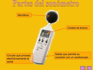 Partes del sonómetro Micrófono Unidad de lectura Salida que permite su conexión con un osciloscopio Circuito que procesa electrónicamente la señal | 