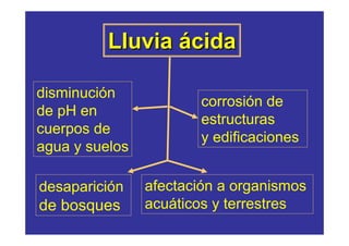 Lluvia ácida

disminución
                        corrosión de
de pH en
                        estructuras
cuerpos de
                        y edificaciones
agua y suelos

desaparición    afectación a organismos
de bosques      acuáticos y terrestres
 