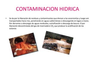 CONTAMINACION HIDRICA
•   Se da por la liberación de residuos y contaminantes que drenan a las escorrentías y luego son
    transportados hacia ríos, penetrando en aguas subterráneas o descargando en lagos o mares.
    Por derrames o descargas de aguas residuales, eutrofización o descarga de basura. O por
    liberación descontrolada del gas de invernadero CO2 que produce la acidificación de los
    océanos
 