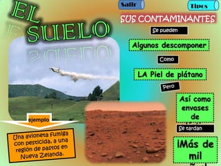 Salir                      Tipos

          SUS CONTAMINANTES
                      Se pueden


             Algunos descomponer
                        Como


                  LA Piel de plátano


                                  Así como
                                   envases
ejemplo                                de
                                   plástico
                                  Se tardan


                               ¡Más de
                                 mil
 