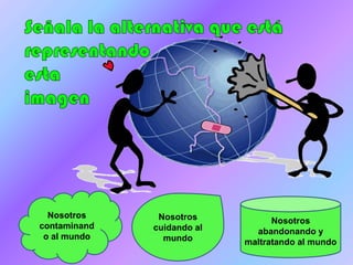 Nosotros     Nosotros           Nosotros
contaminand   cuidando al     abandonando y
 o al mundo     mundo       maltratando al mundo
 