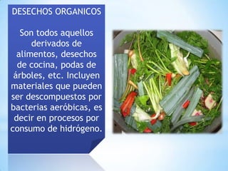 DESECHOS ORGANICOS

   Son todos aquellos
      derivados de
  alimentos, desechos
  de cocina, podas de
 árboles, etc. Incluyen
materiales que pueden
ser descompuestos por
bacterias aeróbicas, es
 decir en procesos por
consumo de hidrógeno.
 