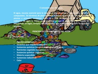 Contaminación del agua.

El agua, recurso esencial para la vida, es el mas conocido y ubicuo para todos los
compuestos. En términos de peso el cuerpo humano tiene casi un 70% de agua, las
plantas y animales contienen entre 50 y 95% de agua. 2/3 de la tierra esta
cubiertos de agua la mayor parte oceánica ya que el agua dulce del mundo se
encuentran en lagos, arroyos, ríos y pantanos que representa el 0.01% de agua del
planeta.

                     PRINCIPALES CONTAMINANTES DEL AGUA

Pueden ser:

•   Agentes patógenos
•   Desechos que requieren oxígenos
•   Sustancias químicas inorgánicas solubles en el agua.
•   Nutrientes vegetales inorgánicas
•   Sustancias químicas orgánicas
•   Materia suspendida
•   Sustancias radiactivas
•   Calor
 
