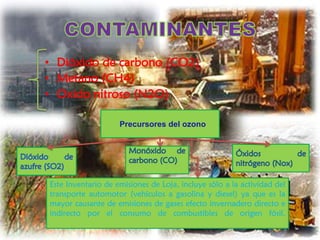 • Dióxido de carbono (CO2)
• Metano (CH4)
• Oxido nitroso (N2O)

                    Precursores del ozono




Este Inventario de emisiones de Loja, incluye sólo a la actividad del
transporte automotor (vehículos a gasolina y diesel) ya que es la
mayor causante de emisiones de gases efecto invernadero directo e
indirecto por el consumo de combustibles de origen fósil.
 