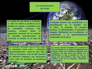 La contaminación
                                    del suelo




La ciudad de Loja desde su fundación
en 1548, ha sufrido el problema de la
pérdida de especies y ecosistemas por
las   actividades    humanas.    Este
problema      comenzó      desde   la
explotación irracional de los bosques
de cascarilla; posteriormente, ya
avanzada la colonia, en la hoya de
Loja

 los incendios forestales, que en esta región
 se presentan entre junio y diciembre,
 aproximadamente entre los años 1981 y
 2000 se produjeron más de 800 incendios
 de diferente magnitud, que destruyeron
 varios miles de hectáreas de ecosistemas
 naturales.
 