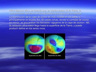 Hace algunos años se detectó que, en ciertas zonas de la Tierra, laHace algunos años se detectó que, en ciertas zonas de la Tierra, la
concentración del ozono en la estratosfera era menor de lo habitual.concentración del ozono en la estratosfera era menor de lo habitual.
La disminución de la capa de ozono es más notable en los polos, yLa disminución de la capa de ozono es más notable en los polos, y
principalmente en el polo Sur. En estas zonas, donde la cantidad de ozonoprincipalmente en el polo Sur. En estas zonas, donde la cantidad de ozono
es menor, se encuentran los llamados «agujeros de la capa de ozono». Allí,es menor, se encuentran los llamados «agujeros de la capa de ozono». Allí,
la radiación ultravioleta llega hasta la superficie de la Tierra, y puedela radiación ultravioleta llega hasta la superficie de la Tierra, y puede
producir daños en los seres vivos.producir daños en los seres vivos.
 