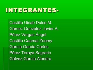 INTEGRANTES-INTEGRANTES-
Castillo Uicab Dulce M.Castillo Uicab Dulce M.
Gámez González Javier A.Gámez González Javier A.
Pérez Vargas ÁngelPérez Vargas Ángel
Castillo Caamal ZuemyCastillo Caamal Zuemy
García García CarlosGarcía García Carlos
Pérez Toraya SagrarioPérez Toraya Sagrario
Gálvez García AlondraGálvez García Alondra
 