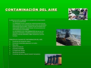 CONTAMINACIÓN DEL AIRECONTAMINACIÓN DEL AIRE
La diferencia entre un episodio y un accidente de contaminaciónLa diferencia entre un episodio y un accidente de contaminación
del aire es fundamental.del aire es fundamental.
Un EPISODIO ocurre cuando las contaminaciones del aireUn EPISODIO ocurre cuando las contaminaciones del aire
diario combinan con otros factores para crear una atmósferadiario combinan con otros factores para crear una atmósfera
amenazante para la salud. A pesar de que el hombre es elamenazante para la salud. A pesar de que el hombre es el
responsable del factor contaminación, la concurrencia conresponsable del factor contaminación, la concurrencia con
otos factores es incontrolable.otos factores es incontrolable.
Un ACCIDENTE DE CONTAMINACIÓN del aire es unaUn ACCIDENTE DE CONTAMINACIÓN del aire es una
descarga inadvertida y evitable de sustancias químicasdescarga inadvertida y evitable de sustancias químicas
tóxicas a menudo atribuible a fallos mecánicos o al errortóxicas a menudo atribuible a fallos mecánicos o al error
humano.humano.
PRINCIPALES CAUSAS DE CONTAMINACIÓN DEL AIRE:PRINCIPALES CAUSAS DE CONTAMINACIÓN DEL AIRE:
 Emisiones de transporte urbano.Emisiones de transporte urbano.
 Emisiones industriales gaseosos o en polvo.Emisiones industriales gaseosos o en polvo.
 Basurales.Basurales.
 Quema de basuras.Quema de basuras.
 Incendios forestales.Incendios forestales.
 Fumigaciones aéreas.Fumigaciones aéreas.
 Derrames de petróleo.Derrames de petróleo.
 Corrientes del aire y relación presión/ tempeatura.Corrientes del aire y relación presión/ tempeatura.
 