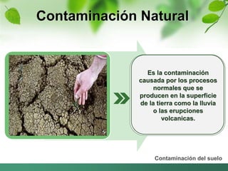 Contaminación Natural 
Es la contaminación 
causada por los procesos 
normales que se 
producen en la superficie 
de la tierra como la lluvia 
o las erupciones 
volcanicas. 
Contaminación del suelo 
 