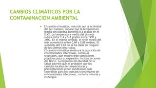 CAMBIOS CLIMATICOS POR LA
CONTAMINACION AMBIENTAL
 El cambio climático, inducido por la actividad
del ser humano, supone que la temperatura
media del planeta aumentó 0,6 grados en el
S.XX. La temperatura media del planeta
subirá entre 1,4 y 5,8 grados entre 1990 y
2100. En el mismo período, el nivel medio del
mar aumentará entre 0,09 y 0,88 metros. El
aumento del S.XX no se ha dado en ninguno
de los últimos diez siglos.
El cambio climático acelerará la aparición de
enfermedades infecciosas, como las
tropicales, que encontrarán condiciones
propicias para su expansión, incluso en zonas
del Norte. La Organización Mundial de la
Salud advirtió que es probable que los
cambios locales de temperaturas y
precipitaciones creen condiciones más
favorables para los insectos transmisores de
enfermedades infecciosas, como la malaria o
el dengue.
 