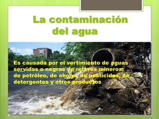 La contaminación
del agua
Es causada por el vertimiento de aguas
servidas o negras de relaves mineros,
de petróleo, de abono, de pesticidas, de
detergentes y otros productos
 