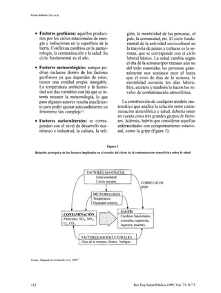 Ferrari Ballester Díez et al
l Factores geofísicos: aquellos produci-
dos por los ciclos estacionales de ener-
gía y radiaciones en la superficie de la
tierra. Conllevan cambios en la meteo-
rología, la contaminación y la salud. Su
ciclo fkndamental es el año.
l Factores meteorológicos: aunque po-
drían incluirse dentro de los factores
geofísicos ya que dependen de estos,
tienen una entidad propia innegable.
La temperatura ambiental y la hume-
dad son dos variables con las que se in-
tenta resumir la meteorología, lo que
para algunos autores resulta insufícien-
te para poder ajustar adecuadamente un
fenómeno tan complejo13.
l Factores socioculturales: se corres-
ponden con eI nivel de desarrollo eco-
nómico e industrial, la cultura, la reli-
gión, la mentalidad de las personas, el
país, la comunidad, etc. El ciclo funda-
mental de la actividad sociocultural en
la mayoría de países y culturas es la se-
mana, que se corresponde con el ciclo
laboral básico. La salud cambia según
el día de la semana (por razones aún no
del todo conocidas las personas gene-
ralmente nos sentimos peor el lunes
que el resto de días de la semana, la
mortalidad aumenta los días labora-
bles, etcétera y también lo hacen los ni-
veles de contaminación atmosférica.
La construcción de cualquier modelo ma-
temático que analice la relación entre conta-
minación atmosférica y salud, debería tener
en cuenta estos tres grandes grupos de facto-
res. Además, habría que considerar aquellas
enfermedades con comportamiento estacio-
nal, como la gripe (figura 1).
Figura 1
Relación jerárquica de los factores implicados en el estudio del efecto de la contaminación atmosférica sobre la salud
CORRELATOS
Cambios funcionales,
consultas, urgencias,
Fuente: Adaptada de Gokdsmith et al, 1996”
112 Rev Esp Salud Pública 1999, Vol. 73, N.” 2
 