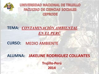 CONTAMINACIÓN AMBIENTAL
EN EL PERÚ
TEMA:
CURSO: MEDIO AMBIENTE
ALUMNA: JAKELINE RODRIGUEZ COLLANTES
Trujillo-Perú
2014
 