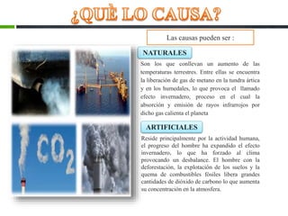 NATURALES
Reside principalmente por la actividad humana,
el progreso del hombre ha expandido el efecto
invernadero, lo que ha forzado al clima
provocando un desbalance. El hombre con la
deforestación, la explotación de los suelos y la
quema de combustibles fósiles libera grandes
cantidades de dióxido de carbono lo que aumenta
su concentración en la atmosfera.
Son los que conllevan un aumento de las
temperaturas terrestres. Entre ellas se encuentra
la liberación de gas de metano en la tundra ártica
y en los humedales, lo que provoca el llamado
efecto invernadero, proceso en el cual la
absorción y emisión de rayos infrarrojos por
dicho gas calienta el planeta
Las causas pueden ser :
ARTIFICIALES
 