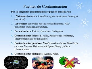 Fuentes de Contaminación
Por su origen los contaminantes se pueden clasificar en:
1. Naturales (volcanes, incendios, aguas estancadas, descargas
eléctricas).
2. Antrópicos generados por la actividad humana. RSU,
transporte, industria, agricultura.
3. Por naturaleza: Físicos, Químicos, Biológicos.
4. Contaminantes físicos: El ruido, Radiaciones Ionizantes,
Electromagnéticas no ionizantes.
5. Contaminantes químicos: Monóxido de carbono, Dióxido de
carbono, Metano, Óxidos de nitrógeno, Smog y Otros
Hidrocarburos.
6. Contaminantes biológicos: Ácaros, Polen.
 