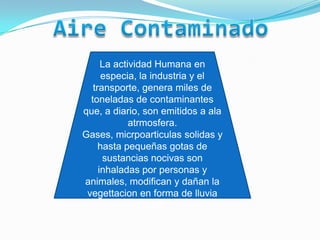 La actividad Humana en
      especia, la industria y el
   transporte, genera miles de
  toneladas de contaminantes
que, a diario, son emitidos a ala
             atrmosfera.
Gases, micrpoarticulas solidas y
     hasta pequeñas gotas de
      sustancias nocivas son
     inhaladas por personas y
animales, modifican y dañan la
 vegettacion en forma de lluvia
                acida.
 