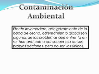 Efecto Invernadero, adelgazamiento de la
capa de ozono, calentamiento global son
algunos de los problemas que enfrenta en
ser humano como consecuencia de sus
propias acciones, pero no son los unicos.
 