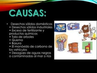 • Desechos sólidos domésticos 
• Desechos sólidos industriales 
• Exceso de fertilizante y 
productos químicos 
• Tala de arboles 
• Quema 
• Basura 
• El monóxido de carbono de 
los vehículos 
• Desagües de aguas negras 
o contaminadas al mar o ríos 
 