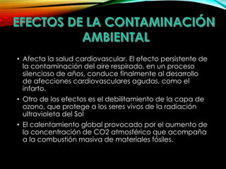 • Afecta la salud cardiovascular. El efecto persistente de 
la contaminación del aire respirado, en un proceso 
silencioso de años, conduce finalmente al desarrollo 
de afecciones cardiovasculares agudas, como el 
infarto. 
• Otro de los efectos es el debilitamiento de la capa de 
ozono, que protege a los seres vivos de la radiación 
ultravioleta del Sol 
• El calentamiento global provocado por el aumento de 
la concentración de CO2 atmosférico que acompaña 
a la combustión masiva de materiales fósiles. 
 