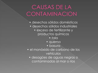 • desechos sólidos domésticos
  • desechos sólidos industriales
     • exceso de fertilizante y
       productos químicos
              • tala
            • quema
            • basura
• el monóxido de carbono de los
            vehículos
 • desagües de aguas negras o
   contaminadas al mar o ríos
 