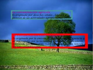 La contaminación agrícola
Es originada por desechos sólidos , líquidos o
gaseosos de las actividades agropecuarias .

La contaminación electromagnética
Es originada por la emisión de ondas de radiofrecuencia y
de microondas por la tecnología moderna , como radares,
televisión, radioemisoras, redes eléctricas de alta tensión y
las telecomunicaciones.

 