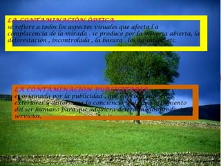 LA CONTAMINACIÓN ÓPTICA
se refiere a todos los aspectos visuales que afecta l a
complacencia de la mirada . se produce por la minería abierta, la
deforestación , incontrolada , la basura . los anuncios, etc.

LA CONTAMINACION PUBLICITARIA
es originada por la publicidad , que ejerce presiones
exteriores y distorsiona la conciencia y el comportamiento
del ser humano para que adquiera determinados productos o
servicios.

 