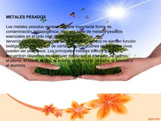 METALES PESADOS
Los metales pesados representan una importante forma de
contaminación antropogénica. Hay una serie de metales pesados
esenciales en el ciclo vital de los seres vivos, los
denominados oligoelementos. Otros metales pesados no ejercen función
biológica alguna. A partir de ciertas concentraciones en los seres vivos
pueden ser peligrosos. Los principales metales tóxicos que se
encuentran dispersos en cualquier medio son el mercurio, el cadmio,
el plomo, el cobre, el cinc, el estaño, el cromo, el vanadio, el bismuto y
el aluminio.

 