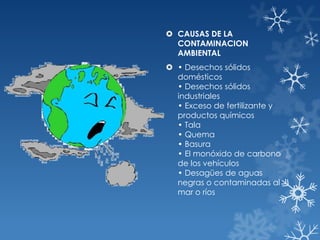  CAUSAS DE LA
CONTAMINACION
AMBIENTAL

 • Desechos sólidos
domésticos
• Desechos sólidos
industriales
• Exceso de fertilizante y
productos químicos
• Tala
• Quema
• Basura
• El monóxido de carbono
de los vehículos
• Desagües de aguas
negras o contaminadas al
mar o ríos

 