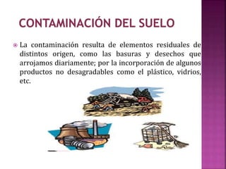  La contaminación resulta de elementos residuales de
distintos origen, como las basuras y desechos que
arrojamos diariamente; por la incorporación de algunos
productos no desagradables como el plástico, vidrios,
etc.
 
