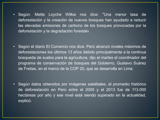 • Según: Mette Loyche Wilkie nos dice: "Una menor tasa de
deforestación y la creación de nuevos bosques han ayudado a reducir
las elevadas emisiones de carbono de los bosques provocadas por la
deforestación y la degradación forestal«
• Según el diario El Comercio nos dice: Perú alcanzó niveles máximos de
deforestaciones los últimos 13 años debido principalmente a la continua
búsqueda de suelos para la agricultura, dijo el martes el coordinador del
programa de conservación de bosques del Gobierno, Gustavo Suárez
de Freitas, en el marco de la COP 20, que se desarrolla en Lima.
• Según datos obtenidos por imágenes satelitales, el promedio histórico
de deforestación en Perú entre el 2000 y el 2013 fue de 113.000
hectáreas por año y ese nivel está siendo superado en la actualidad,
explicó.
 