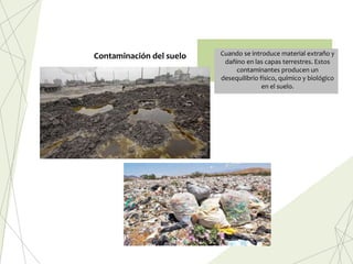 Cuando se introduce material extraño y
dañino en las capas terrestres. Estos
contaminantes producen un
desequilibrio físico, químico y biológico
en el suelo.
Contaminación del suelo
 