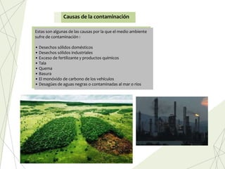 Estas son algunas de las causas por la que el medio ambiente
sufre de contaminación :
• Desechos sólidos domésticos
• Desechos sólidos industriales
• Exceso de fertilizante y productos químicos
• Tala
• Quema
• Basura
• El monóxido de carbono de los vehículos
• Desagües de aguas negras o contaminadas al mar o ríos
Causas de la contaminación
 