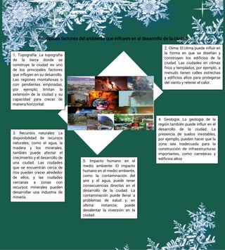 Principales factores del ambiente que influyen en el desarrollo de la ciudad
2. Clima: El clima puede influir en
la forma en que se diseñan y
construyen los edificios de la
ciudad. Las ciudades en climas
fríos y templados, por ejemplo, a
menudo tienen calles estrechas
y edificios altos para protegerse
del viento y retener el calor.
1. Topografía: La topografía
de la tierra donde se
construye la ciudad es uno
de los principales factores
que influyen en su desarrollo.
Las regiones montañosas o
con pendientes empinadas,
por ejemplo, limitan la
extensión de la ciudad y su
capacidad para crecer de
manera horizontal.
4. Geología: La geología de la
región también puede influir en el
desarrollo de la ciudad. La
presencia de suelos inestables,
por ejemplo, pueden hacer que la
zona sea inadecuada para la
construcción de infraestructuras
importantes, como carreteras y
edificios altos
5. Impacto humano en el
medio ambiente: El impacto
humano en el medio ambiente,
como la contaminación del
aire y el agua, puede tener
consecuencias directas en el
desarrollo de la ciudad. La
contaminación puede llevar a
problemas de salud y, en
última instancia, puede
desalentar la inversión en la
ciudad.
3. Recursos naturales: La
disponibilidad de recursos
naturales, como el agua, la
madera y los minerales,
también puede afectar el
crecimiento y el desarrollo de
una ciudad. Las ciudades
que se encuentran cerca de
ríos pueden crecer alrededor
de ellos, y las ciudades
cercanas a zonas con
recursos minerales pueden
desarrollar una industria de
minería.
 
