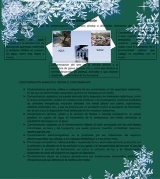 Contaminación del suelo:
ocurre cuando se introducen
productos químicos o
residuos peligrosos en el
suelo, o por la alteración de la
biodiversidad natural que
trabaja en equilibrio con el
suelo
Contaminación del agua:
causada por la introducción de
sustancias químicas, orgánicas
o residuos sólidos en cuerpos
de agua, como ríos, lagos o
mares.
Contaminación del aire: es la adición dañina a la
atmósfera de gases tóxicos, CO, u otros que afectan el
normal desarrollo de plantas, animales y que afectan
negativamente la salud de los humanos
Tipos de contaminación
Existen varios tipos de contaminación, que pueden afectar a diferentes elementos del medio
ambiente:
CONTAMINACION AMBIENTAL SEGUN EL CONTAMINANTE
 Contaminación química: refiere a cualquiera de las comentadas en los apartados anteriores,
en las que un determinado compuesto químico se introduce en el medio.
 Contaminación radiactiva: es aquella derivada de la dispersión de materiales radiactivos, como
el uranio enriquecido, usados en instalaciones médicas o de investigación, reactores nucleares
de centrales energéticas, munición blindada con metal aleado con uranio, submarinos,
satélites artificiales, etc., y que se produce por un accidente (como el accidente de Chernóbil),
por el uso ó por la disposición final deliberada de los residuos radiactivos.
 Contaminación térmica: refiere a la emisión de fluidos a elevada temperatura; se puede
producir en cursos de agua. El incremento de la temperatura del medio disminuye la
solubilidad del oxígeno en el agua.
 Contaminación acústica: es la contaminación debida al ruido provocado por las actividades
industriales, sociales y del transporte, que puede provocar malestar, irritabilidad, insomnio,
sordera parcial, etc.
 Contaminación electromagnética: es la producida por las radiaciones del espectro
electromagnético que afectan a los equipos electrónicos y a los seres vivos.
 Contaminación lumínica: refiere al brillo o resplandor de luz en el cielo nocturno producido por
la reflexión y la difusión de la luz artificial en los gases y en las partículas del aire por el uso de
luminarias ó excesos de iluminación, así como la intrusión de luz o de determinadas
longitudes de onda del espectro en lugares no deseados.
 Contaminación visual: se produce generalmente por instalaciones industriales, edificios e
infraestructuras que deterioran la estética del medio.
 