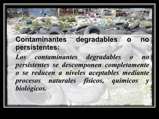 Contaminantes degradables o noContaminantes degradables o no
persistentes:persistentes:
Los contaminantes degradables o noLos contaminantes degradables o no
persistentes se descomponen completamentepersistentes se descomponen completamente
o se reducen a niveles aceptables medianteo se reducen a niveles aceptables mediante
procesos naturales físicos, químicos yprocesos naturales físicos, químicos y
biológicos.biológicos.
 