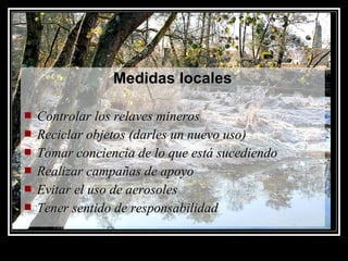 Medidas localesMedidas locales
 Controlar los relaves minerosControlar los relaves mineros
 Reciclar objetos (darles un nuevo uso)Reciclar objetos (darles un nuevo uso)
 Tomar conciencia de lo que está sucediendoTomar conciencia de lo que está sucediendo
 Realizar campañas de apoyoRealizar campañas de apoyo
 Evitar el uso de aerosolesEvitar el uso de aerosoles
 Tener sentido de responsabilidadTener sentido de responsabilidad
 