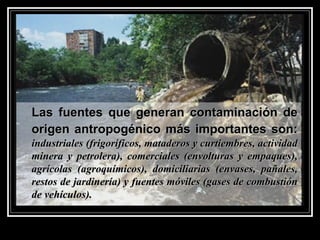 Las fuentes que generan contaminación deLas fuentes que generan contaminación de
origen antropogénico más importantes son:origen antropogénico más importantes son:
industriales (frigoríficos, mataderos y curtiembres, actividadindustriales (frigoríficos, mataderos y curtiembres, actividad
minera y petrolera), comerciales (envolturas y empaques),minera y petrolera), comerciales (envolturas y empaques),
agrícolas (agroquímicos), domiciliarias (envases, pañales,agrícolas (agroquímicos), domiciliarias (envases, pañales,
restos de jardinería) y fuentes móviles (gases de combustiónrestos de jardinería) y fuentes móviles (gases de combustión
de vehículos).de vehículos).
 