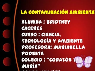 La contaminación Ambiental
Alumna : Bridtney
Cáceres
Curso : Ciencia,
Tecnología y Ambiente
Profesora: Marianella
Podestá
Colegio : “Corazón de
María”

 