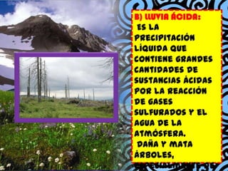 B) LLUVIA ÁCIDA:
Es la
precipitación
líquida que
contiene grandes
cantidades de
sustancias ácidas
por la reacción
de gases
sulfurados y el
agua de la
atmósfera.
Daña y mata
árboles,
especialmente de

 