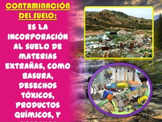 CONTAMINACIÓN
DEL SUELO:
Es la
incorporación
al suelo de
materias
extrañas, como
basura,
desechos
tóxicos,
productos
químicos, y

 